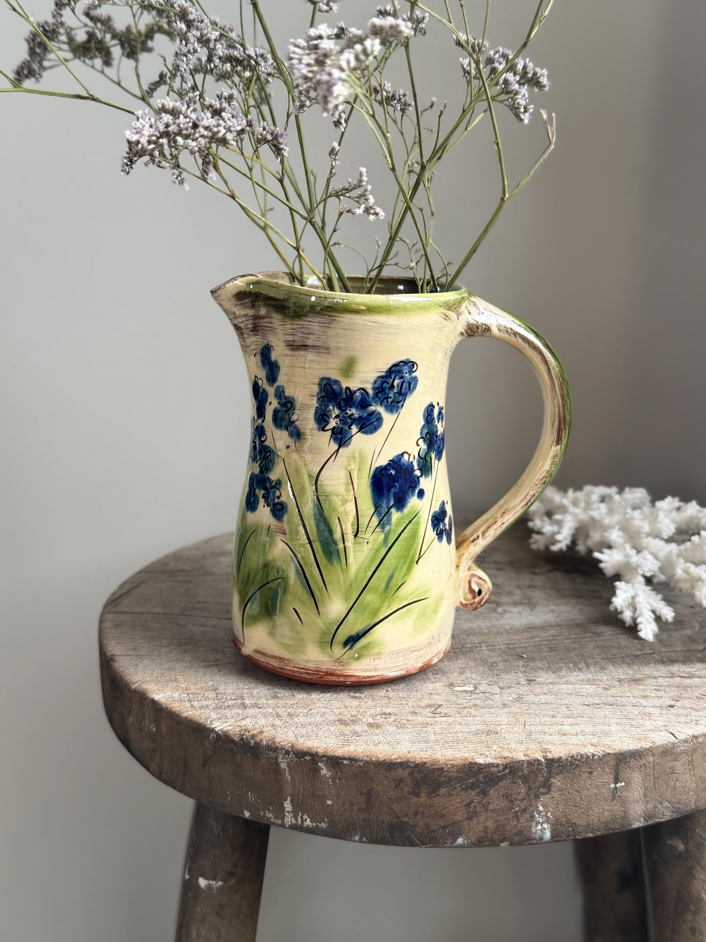 Vintage Handmade Studio Pottery Slipware Bluebells Jug