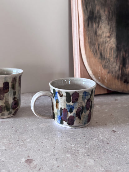 Pair of Vintage Studio Pottery Flat White Mugs with Abstract Brushstroke Glaze