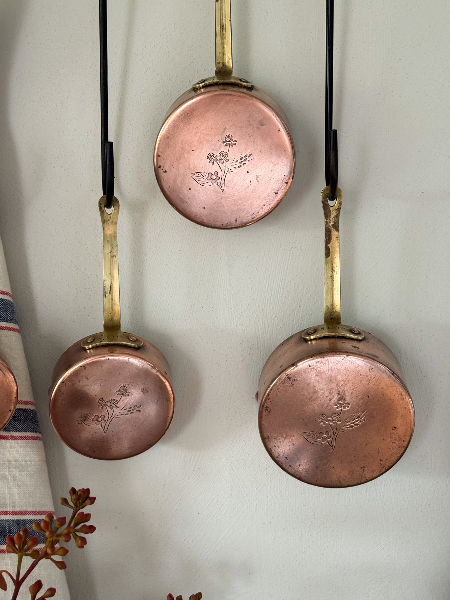 Vintage Handmade Copper Measuring Cups with Floral Etchings (Set of 4)