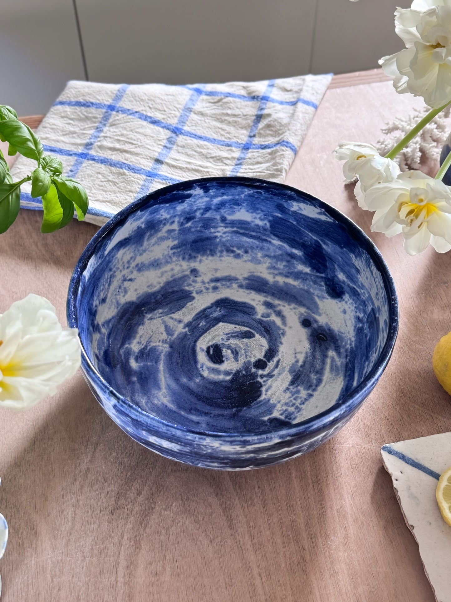 Vintage Folk Art Cobalt Blue Brushstroke Studio Pottery Fruit Bowl