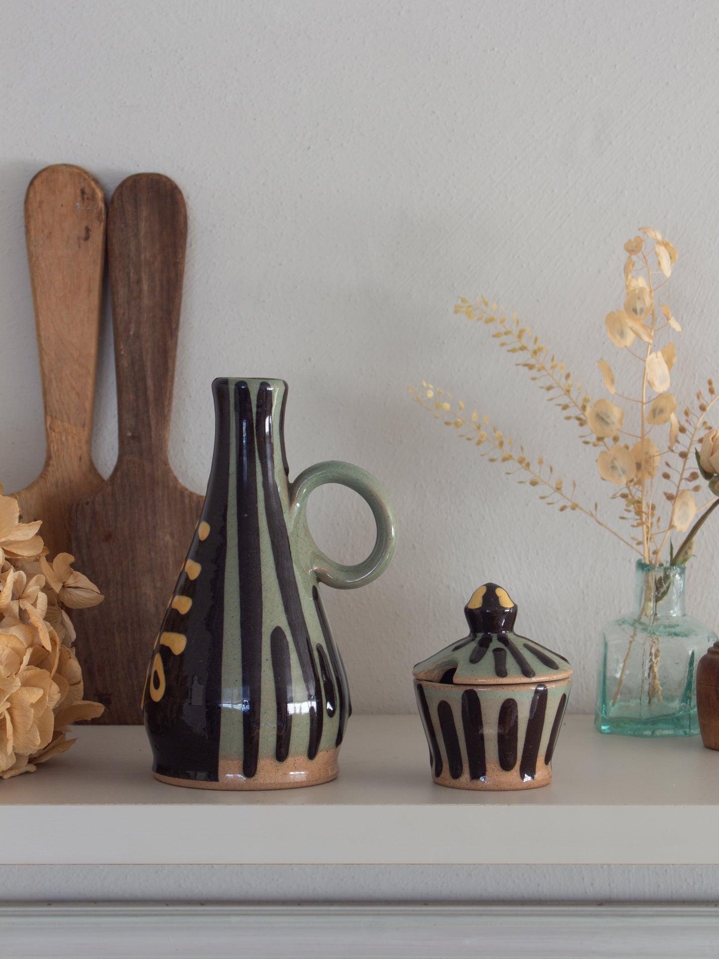 Vintage Slipware Cruet Set | Vinegar & Salt