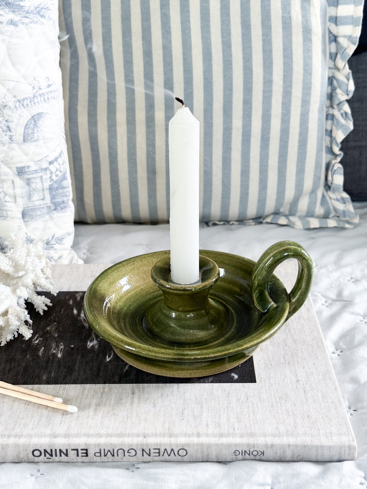 Vintage Large Olive Green Studio Pottery Chamberstick