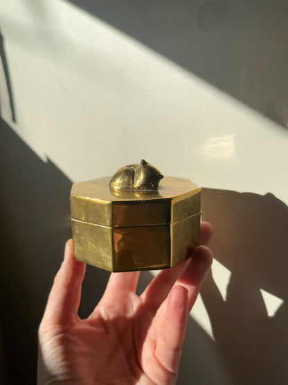 Vintage Solid Brass ‘Sleeping Kitten’ Jewellery Box • Trinket Box