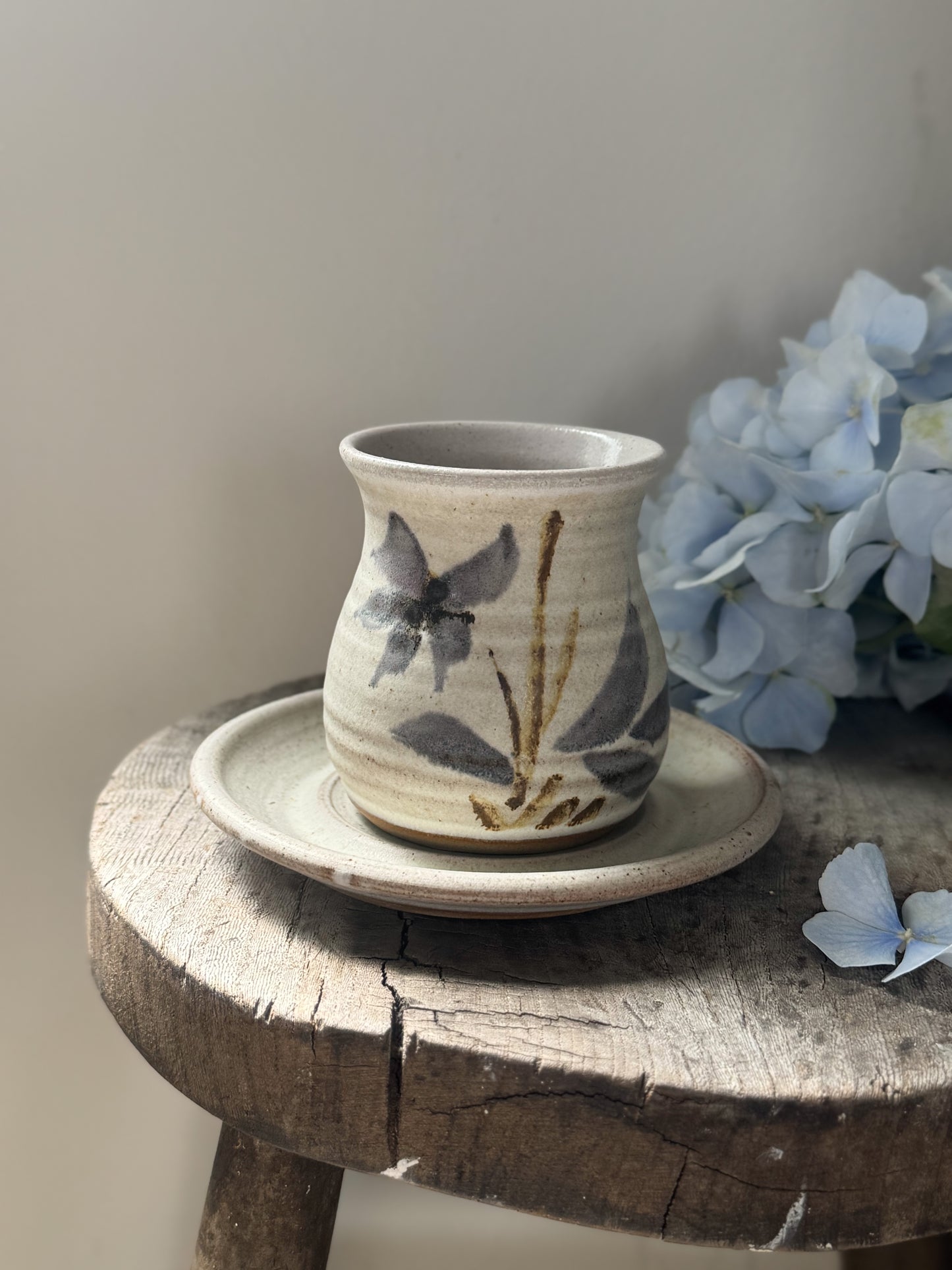 Vintage Pair of Hand-Thrown Studio Pottery Mugs & Saucers by Stanion Pottery