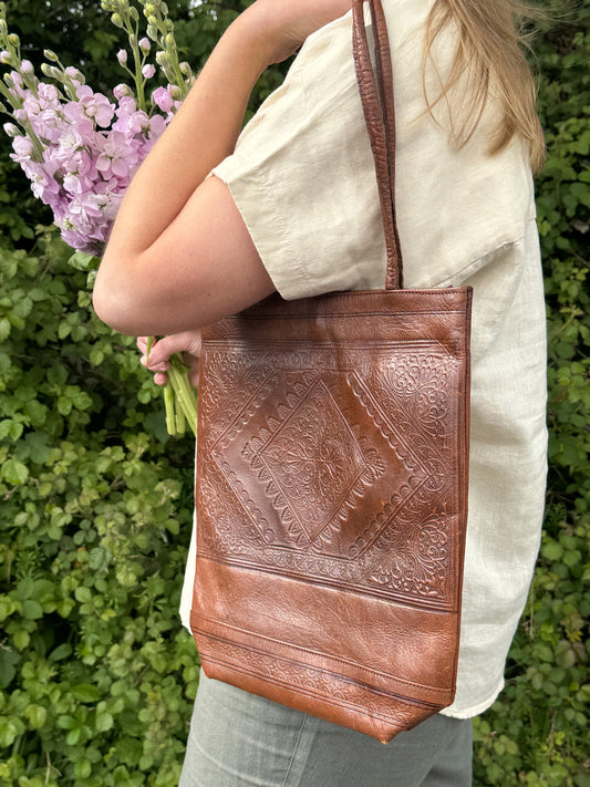 Vintage Handmade Tooled Leather Shoulder Bag