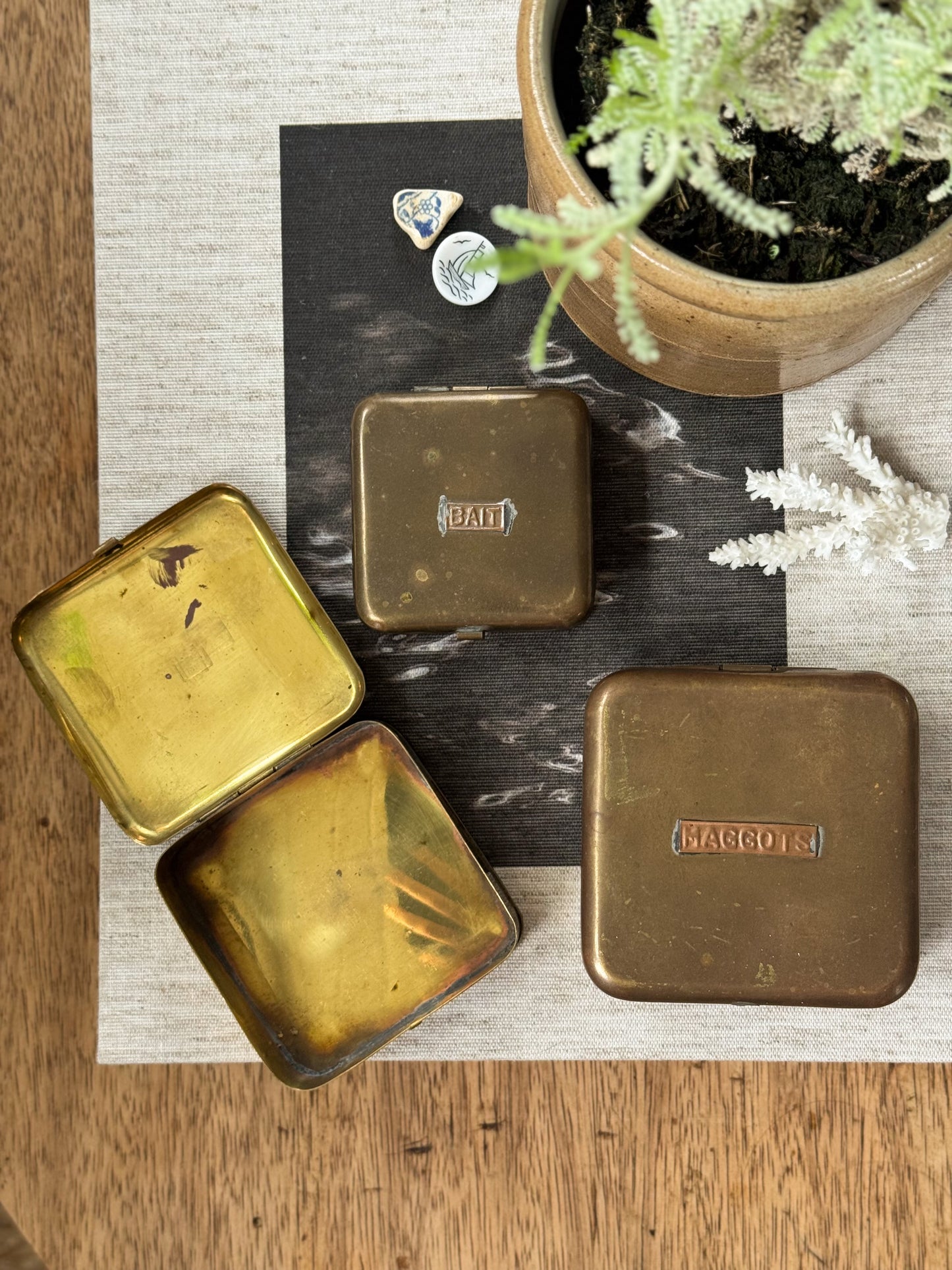 Antique Copper & Brass Fishing Bait Boxes - Set of Three
