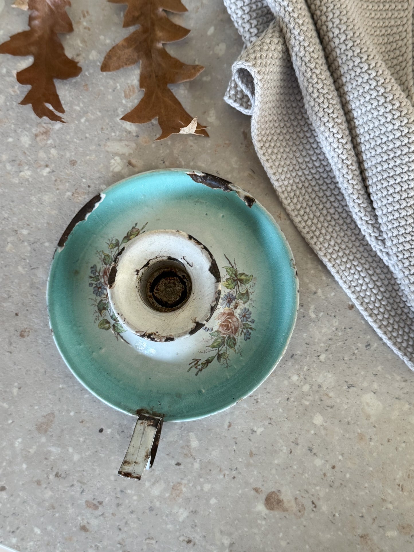 Vintage French Enamel Chamberstick - Two Tone Blue & White Floral