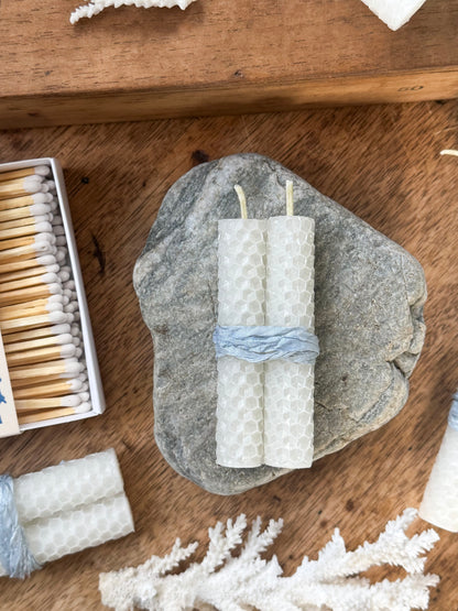 Hand-Rolled Beeswax Candle Pair with Pale Blue Ribbon