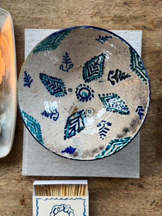 Vintage Mediterranean Folk Pottery Bowl with Blue & Turquoise Decoration