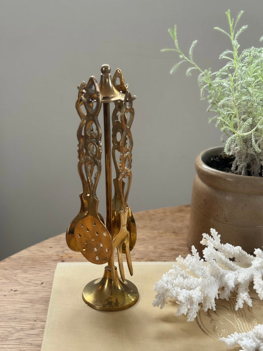 Vintage Brass Mini Utensil Set with Stand
