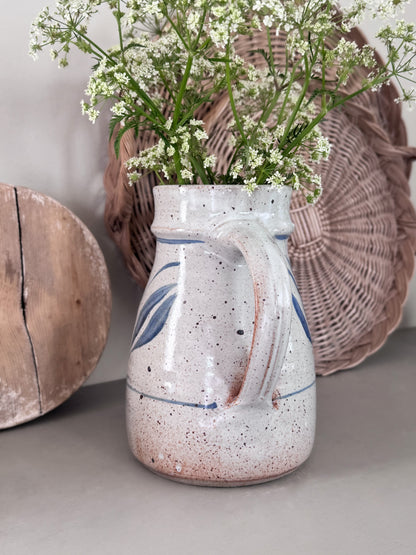 Vintage Large Studio Pottery Jug with Abstract Blue Leaf Design