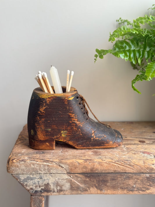 Antique Victorian Hand-Carved Treen Boot Shaped Inkwell