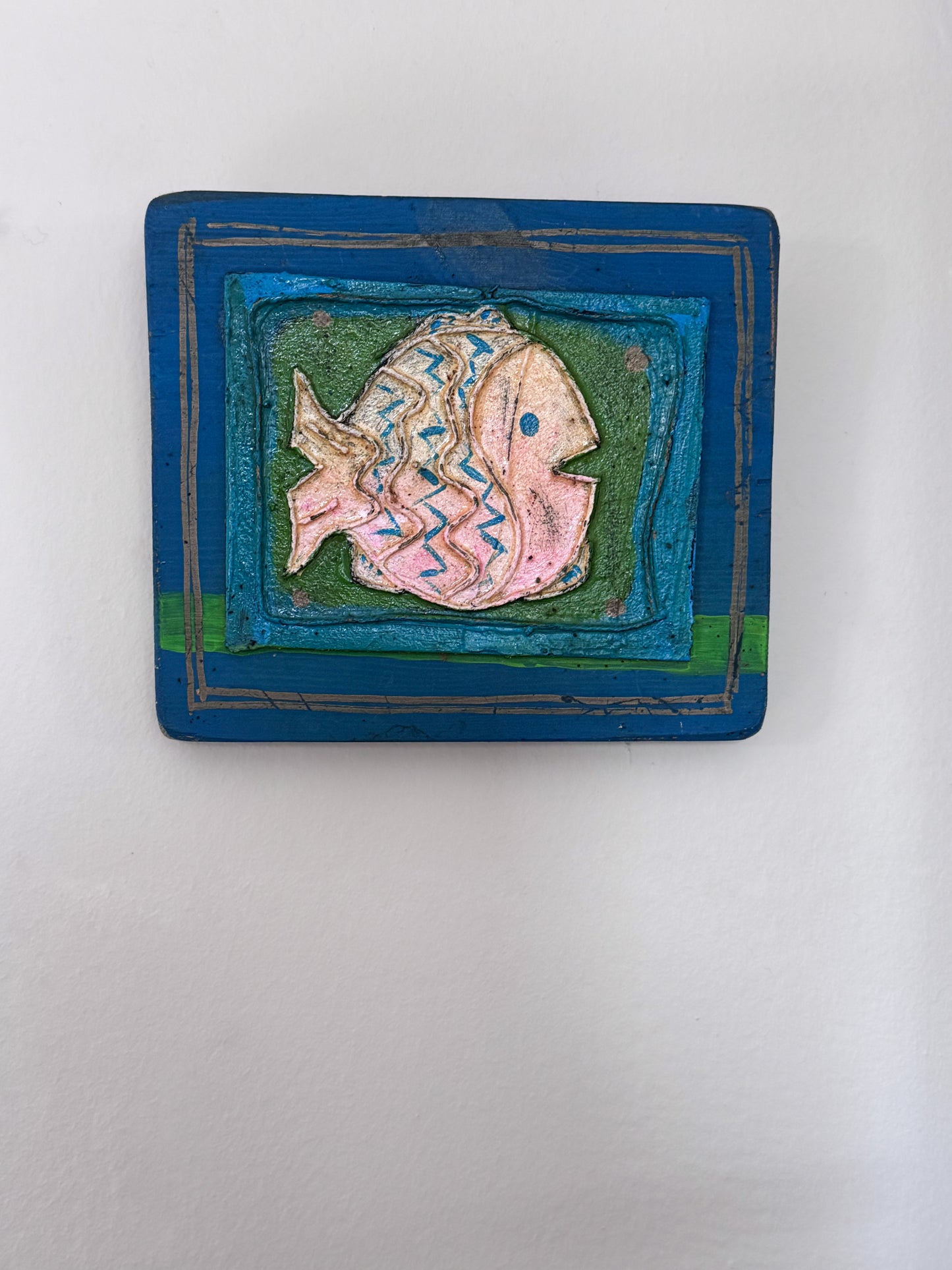 Vintage Folk Art Fish Painting, Acrylic on Pine Plaque, Signed