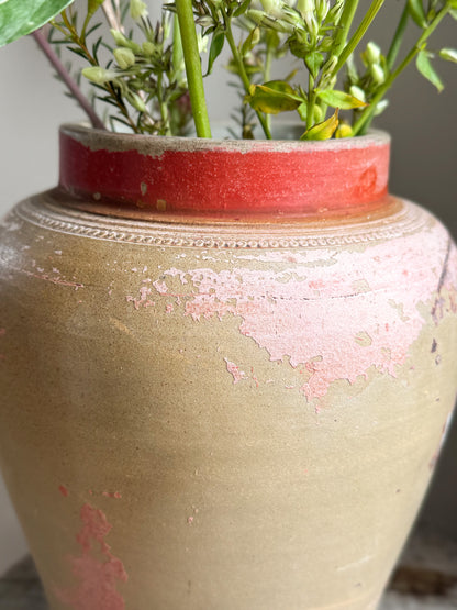 Vintage Mediterranean Earthenware Jar with Weathered Pink & Red Patina