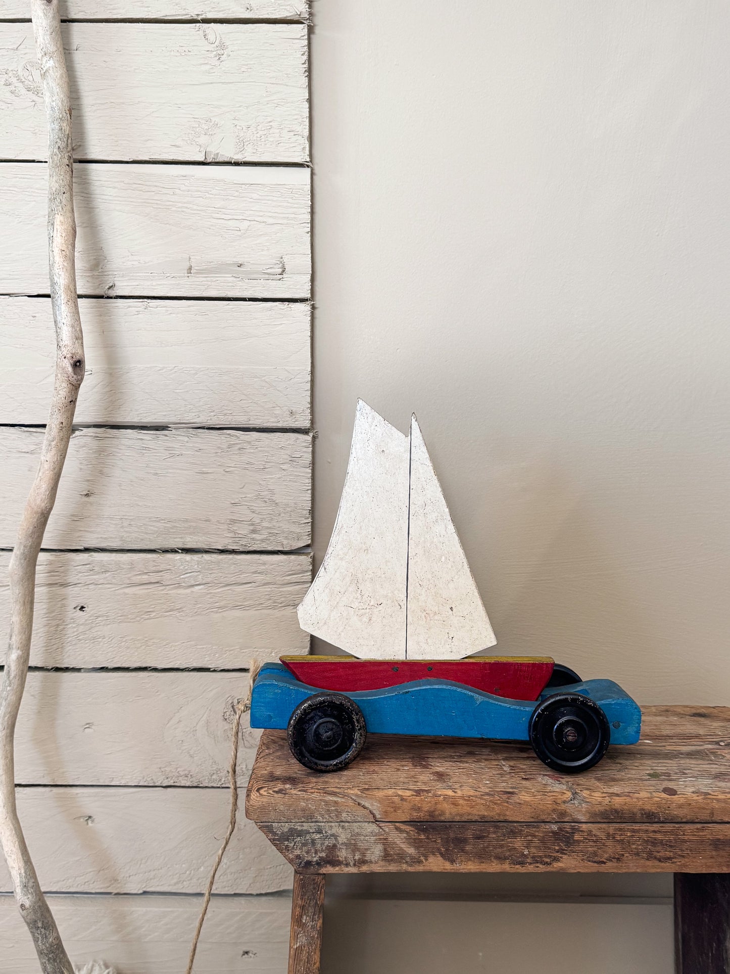 Vintage 1940s–1950s Handmade Folk Art Wooden Pull-Along Bobbing Sailing Boat Toy