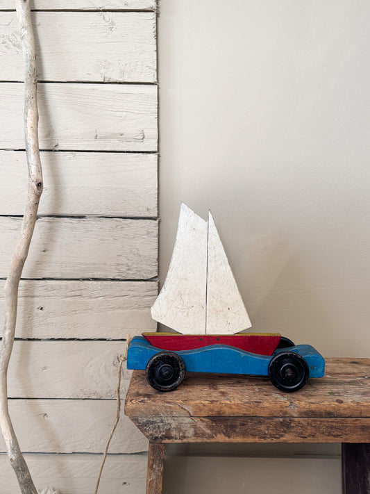 Vintage 1940s–1950s Handmade Folk Art Wooden Pull-Along Bobbing Sailing Boat Toy