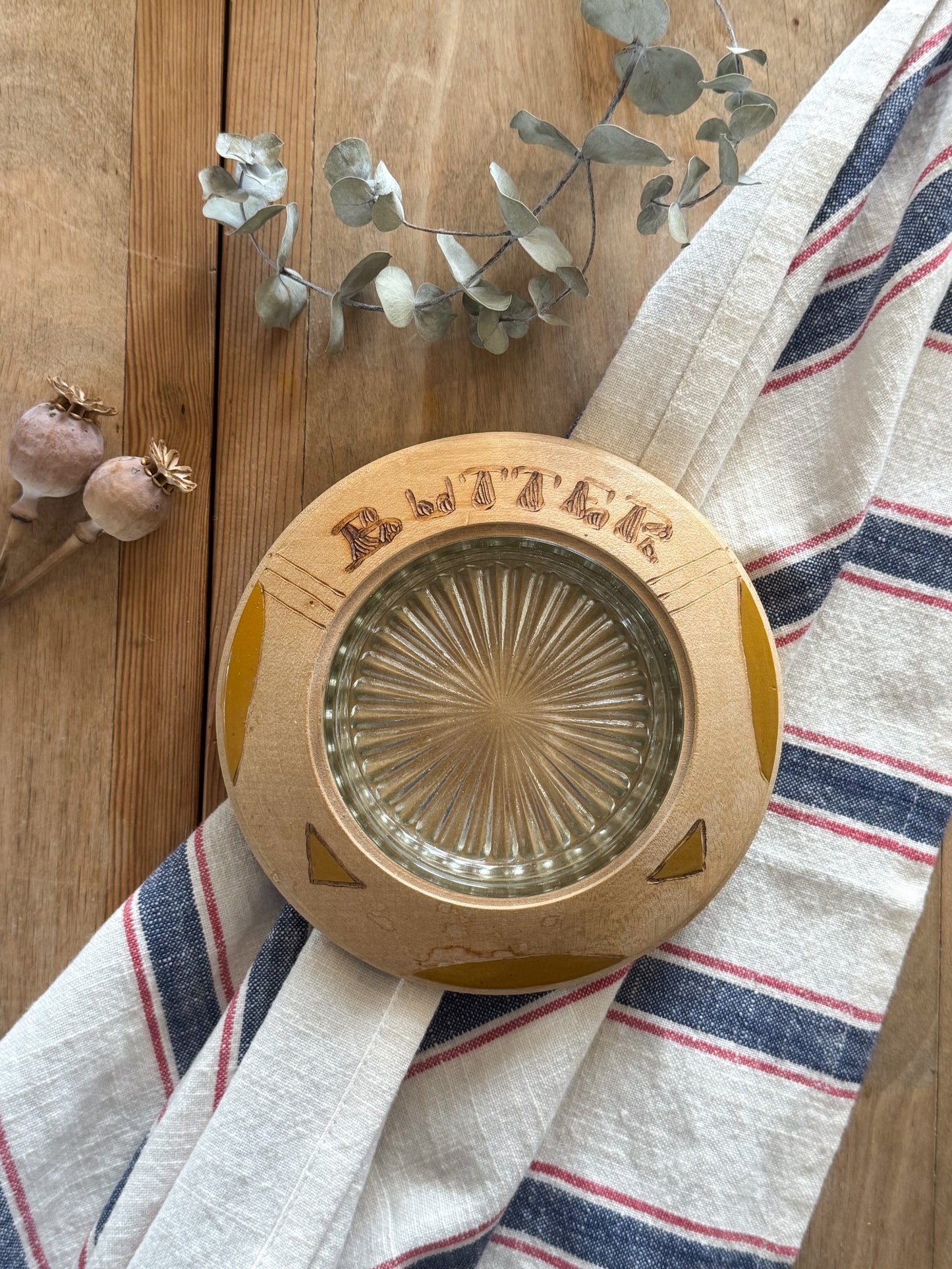 Vintage Hand-Turned Wooden Butter Dish with Glass Insert
