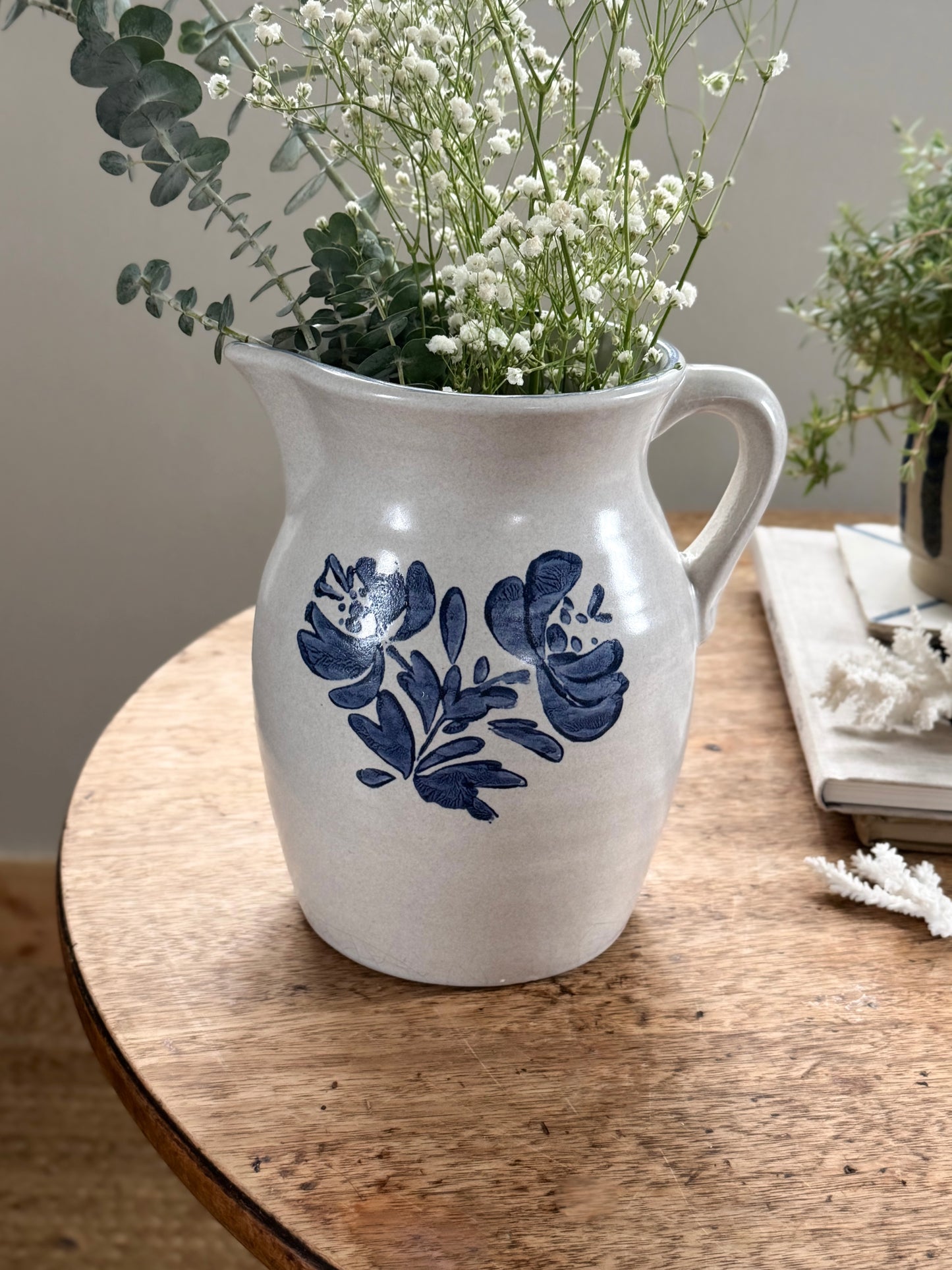 Vintage Studio Pottery Jug with Blue Hand-Painted Floral Design