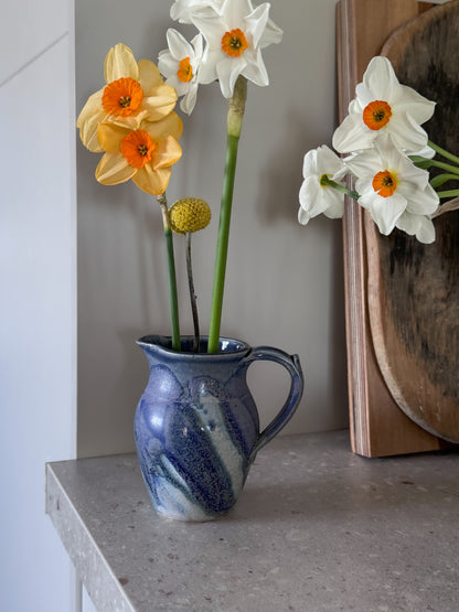 Vintage Studio Pottery Blue Drip Glaze Jug with Shell Seal