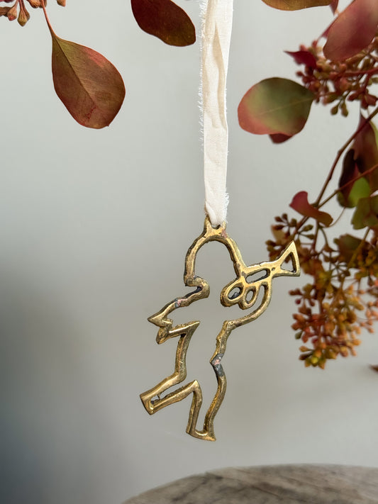 Vintage Solid Brass Decoration with Handmade Ribbon - Cherub with Trumpet Design