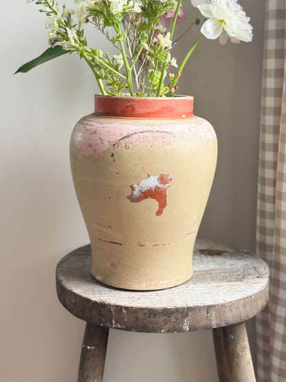 Vintage Mediterranean Earthenware Jar with Weathered Pink & Red Patina