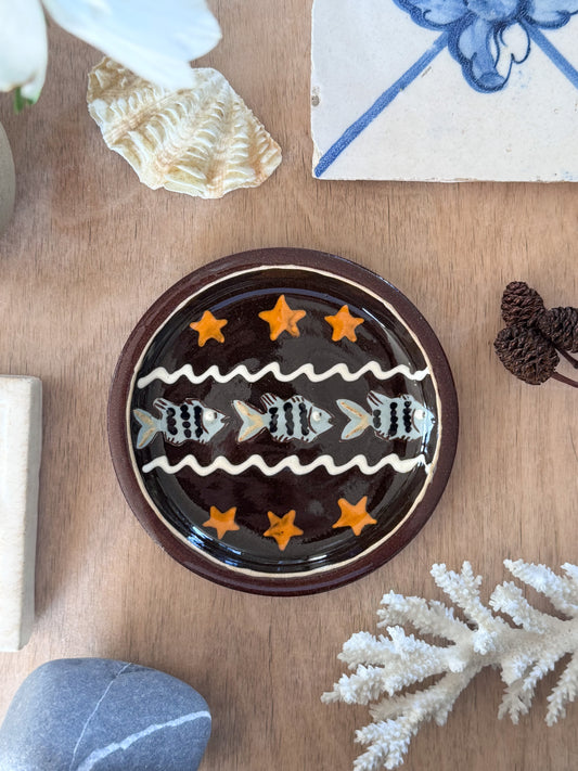 Vintage Terracotta Slipware Fish Dish, Hand-Painted Coastal Motif, Stamped Base