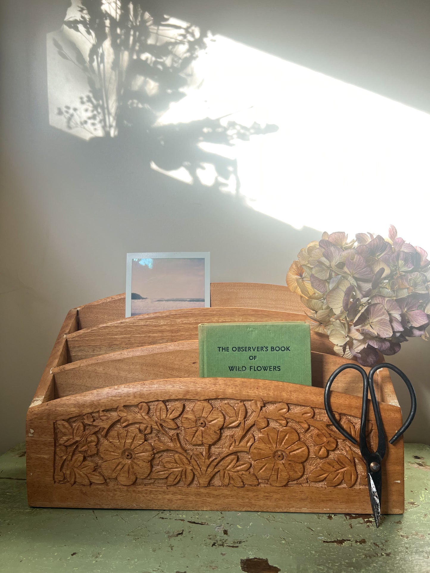 Midcentury Hand-Carved Floral Desk Tidy