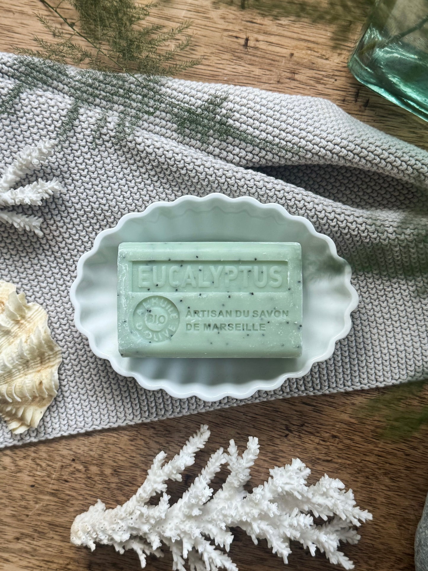 Vintage Ceramic Scalloped Soap Dish + Handmade French Eucalyptus Soap