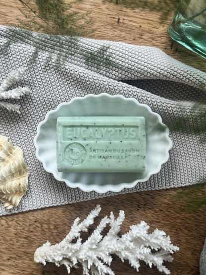 Vintage Ceramic Scalloped Soap Dish + Handmade French Eucalyptus Soap