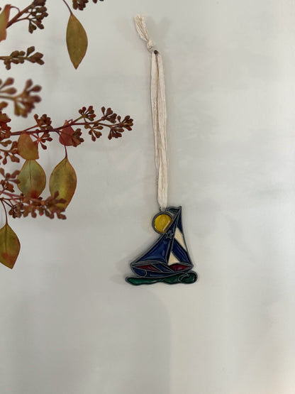 Vintage 1960s/70s Handmade Stained Glass Sailboat Ornament