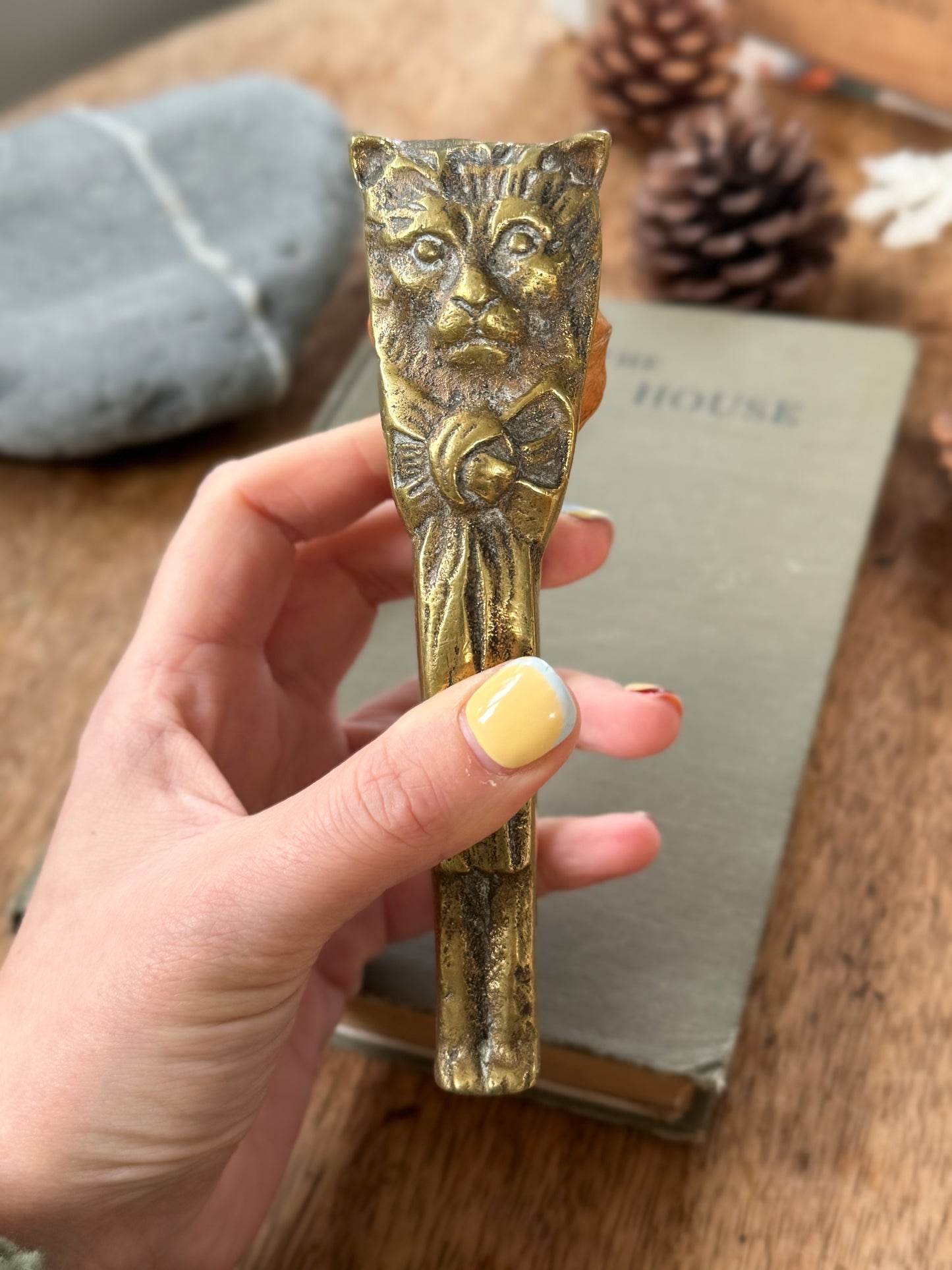 Antique Solid Brass Cat Nutcracker with Bow Tie