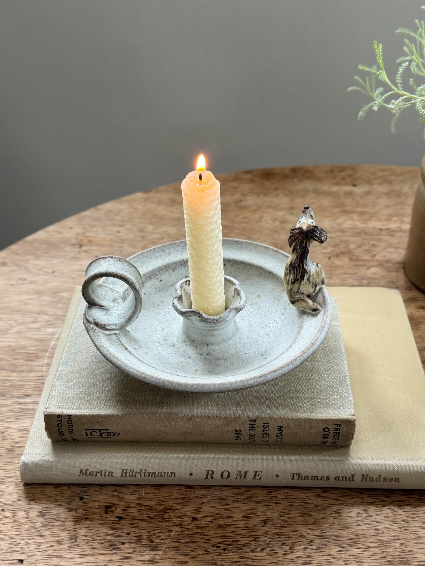 Vintage Studio Pottery Chamberstick with Little Dog