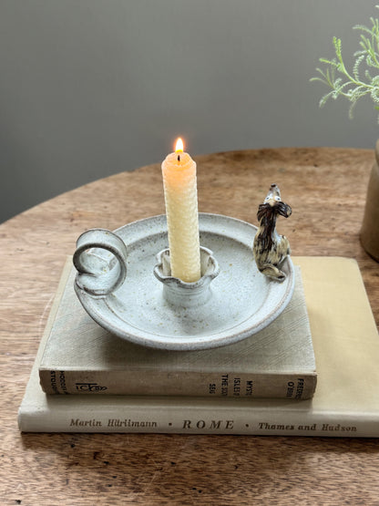 Vintage Studio Pottery Chamberstick with Little Dog