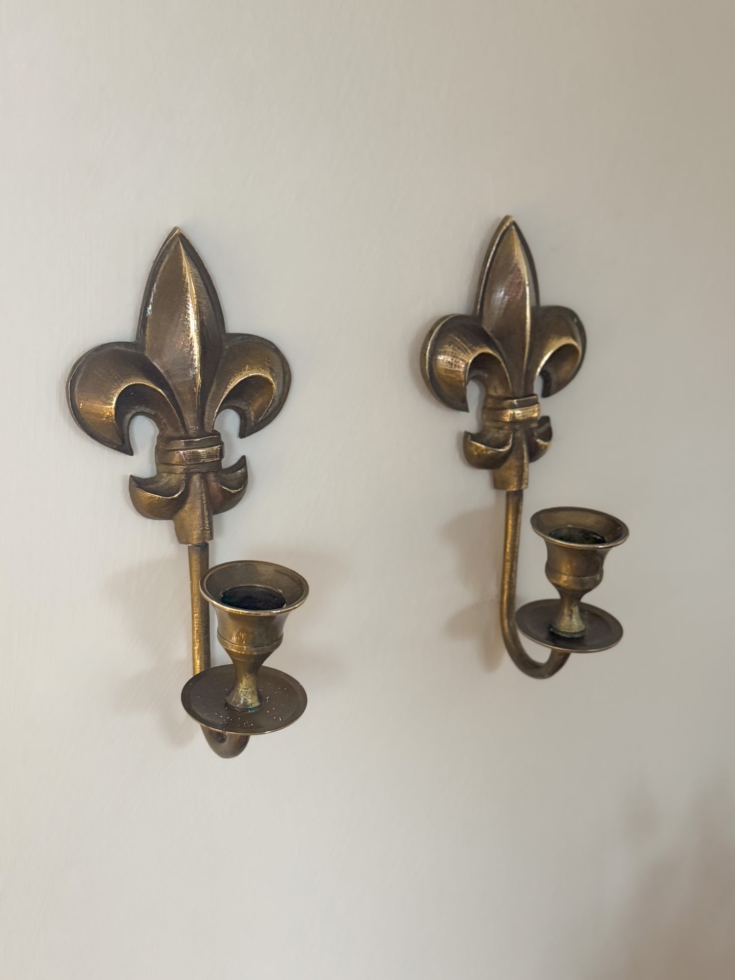 Pair of Vintage Brushed Brass Fleur-de-lis Sconces