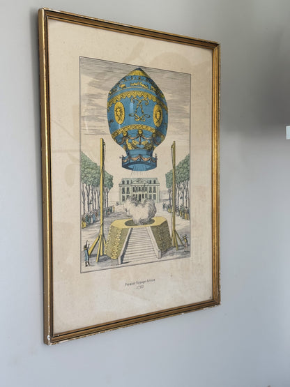 Antique French Framed Hot Air Balloon Etching, “Premier Voyage Aérien, 1783”