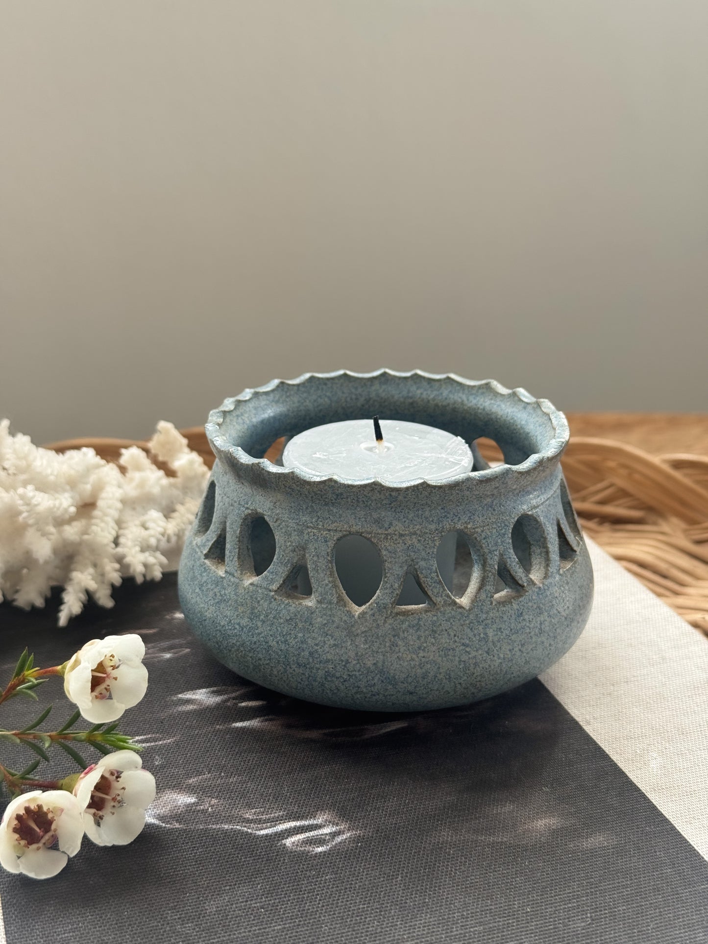 Vintage Studio Pottery Candle Holder - Speckled Blue