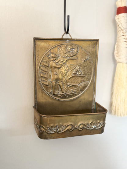 Antique Art Nouveau Brass ‘Huntsman’ Wall Pocket | Candle Box