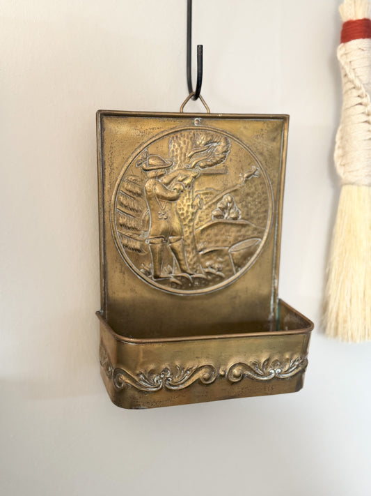 Antique Art Nouveau Brass ‘Huntsman’ Wall Pocket | Candle Box