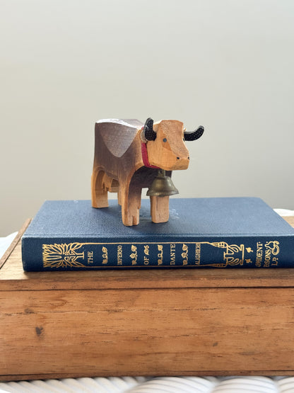 Vintage Hand-Carved Wooden Cow with Brass Bell