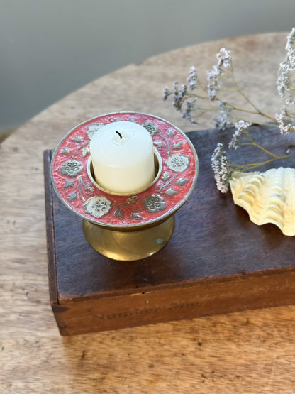 Vintage Brass Pedestal Candle Holder with Floral Enamel Detail
