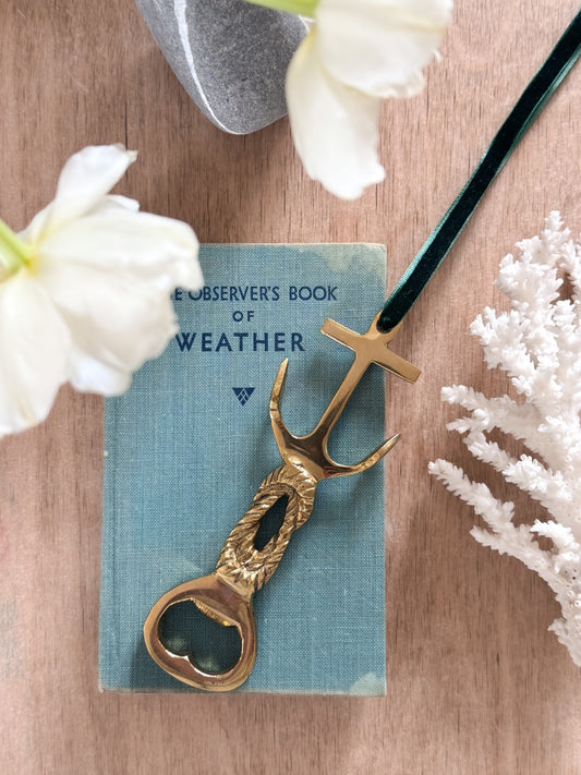 Vintage Brass Anchor Bottle Opener on Green Velvet Ribbon