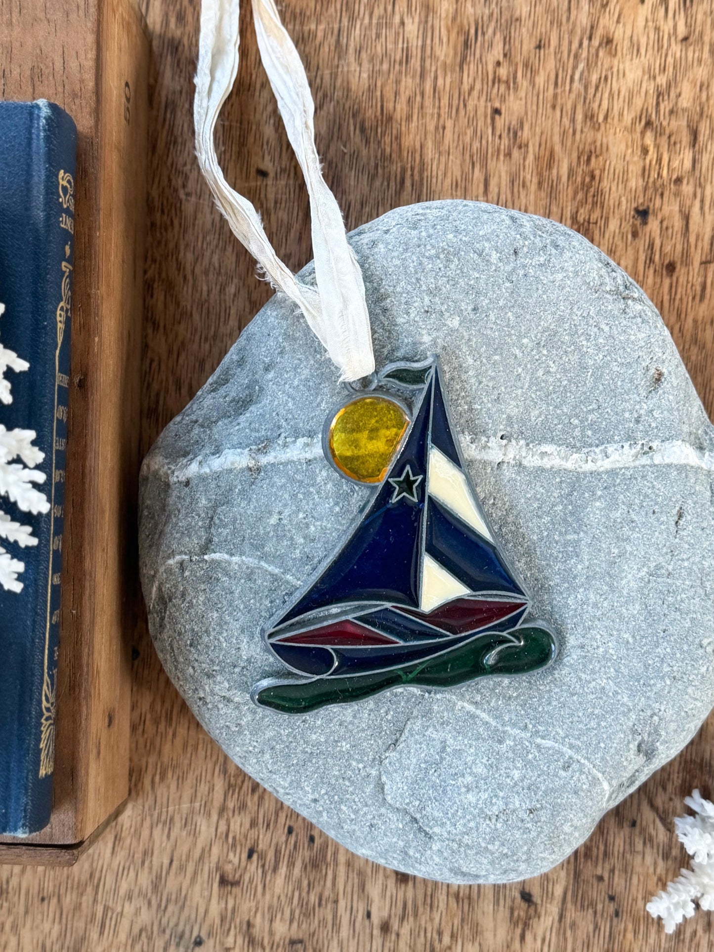 Vintage 1960s/70s Handmade Stained Glass Sailboat Ornament