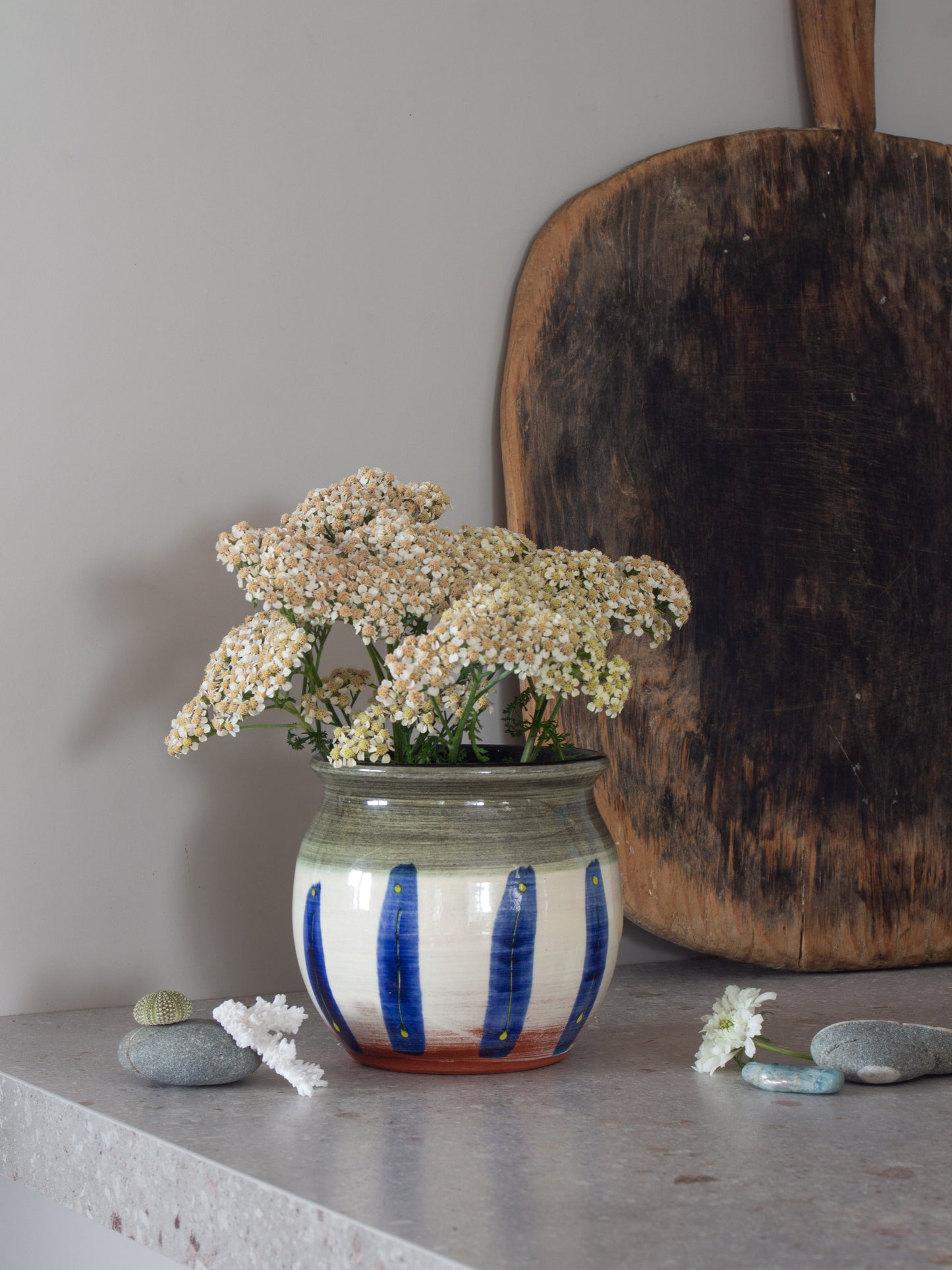 Vintage Studio Pottery Slipware Blue & Green Striped Pot
