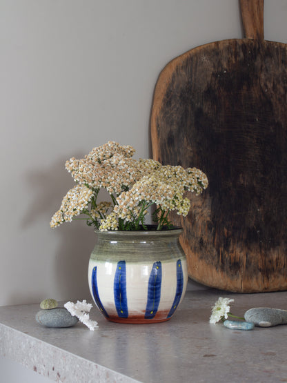 Vintage Studio Pottery Slipware Blue & Green Striped Pot