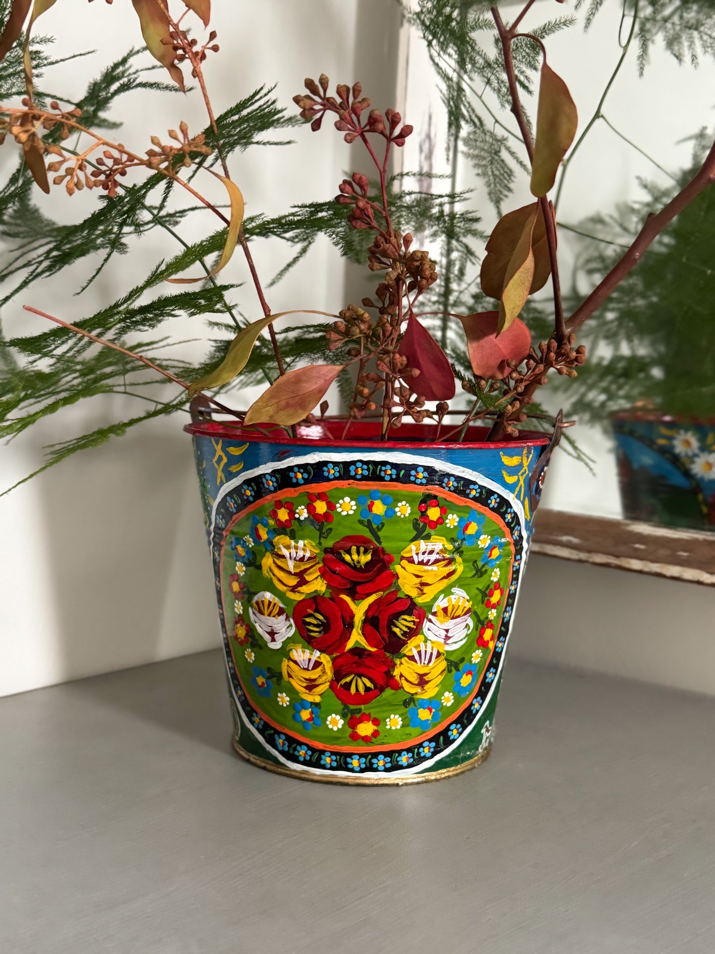 Vintage Hand-Painted Toleware Bucket - Folk Art Treasure