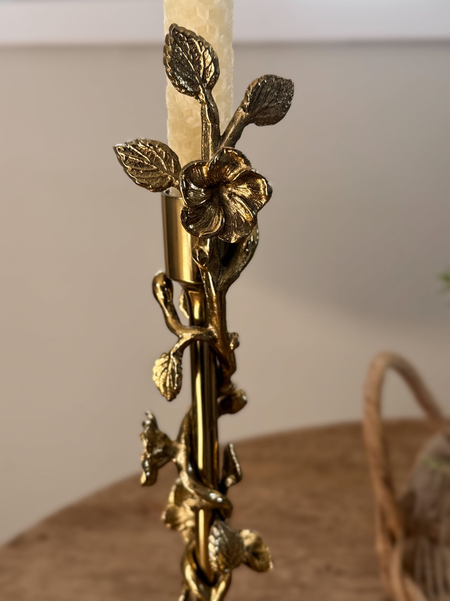 Vintage Solid Brass Floral Stem Candlestick Holder