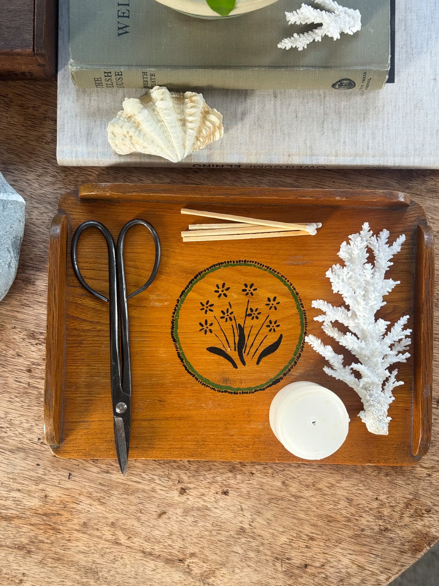 Vintage Wooden Coffee Table Tray - Hand-Painted Floral Motif