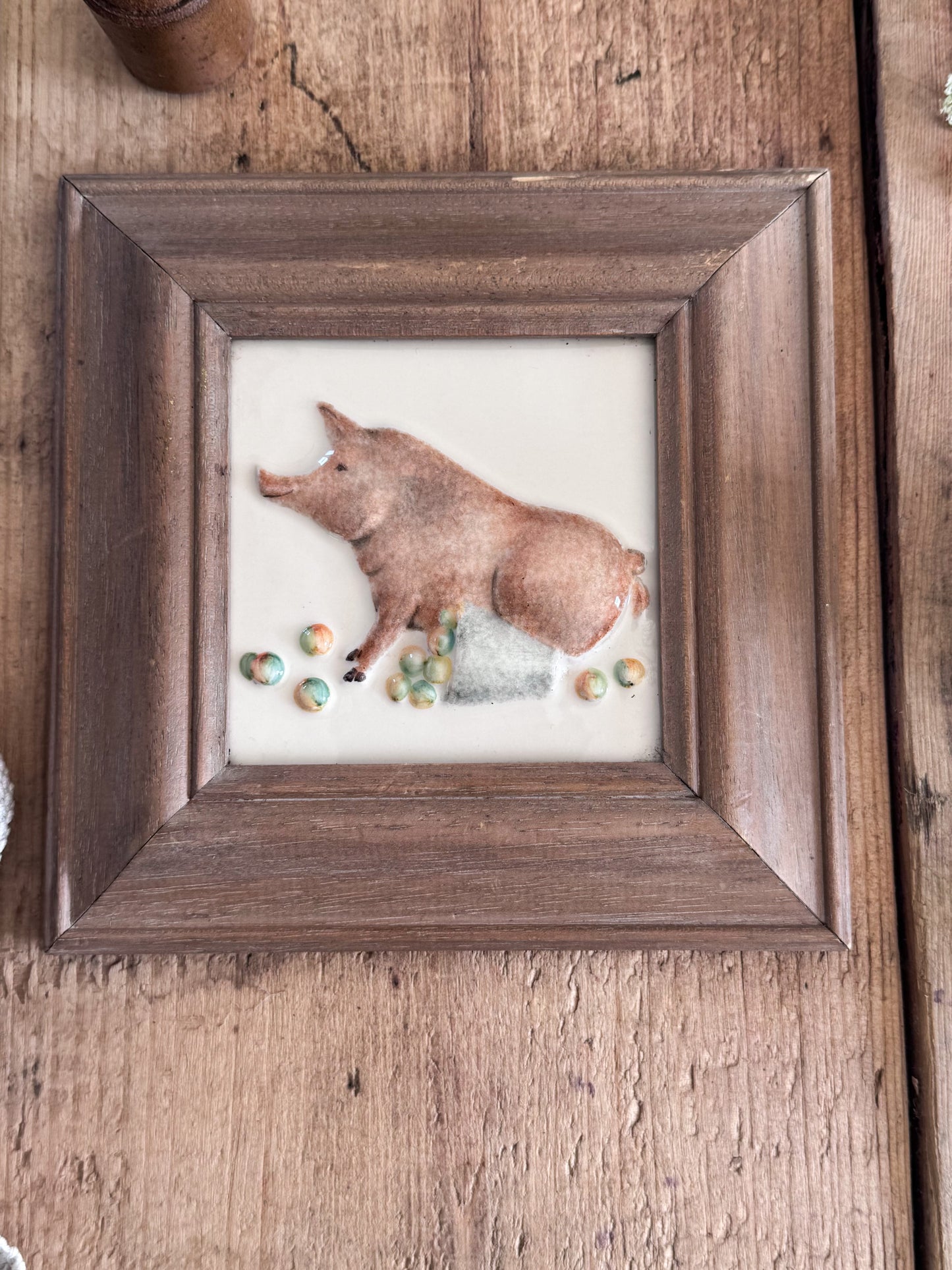 Vintage Hand-Painted ‘Naughty Piglet’ Majolica Marlborough Framed Tile