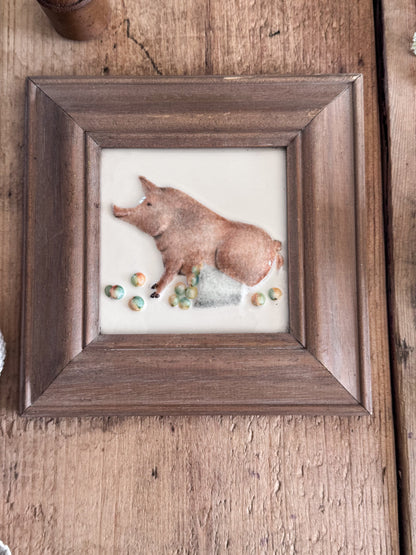 Vintage Hand-Painted ‘Naughty Piglet’ Majolica Marlborough Framed Tile