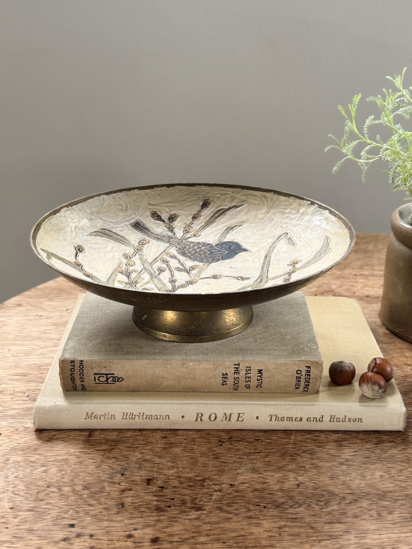 Vintage Solid Brass Pedestal Bowl with Hand-Painted Blackbird Design